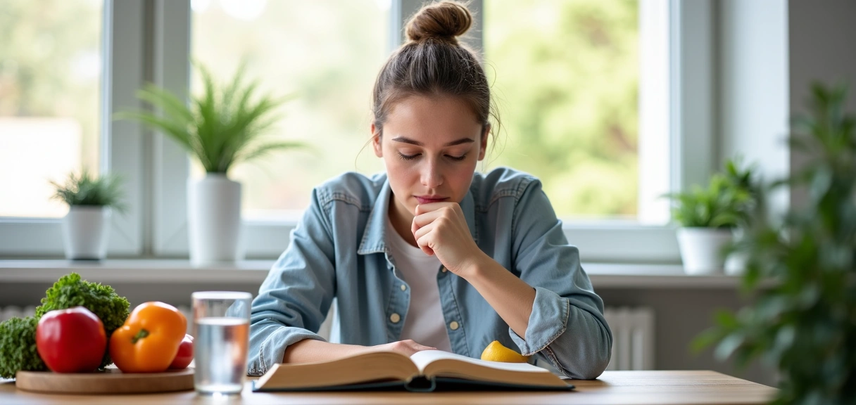Una persona leyendo un libro de nutrición en un entorno moderno y acogedor, con elementos saludables como frutas y verduras en el fondo.