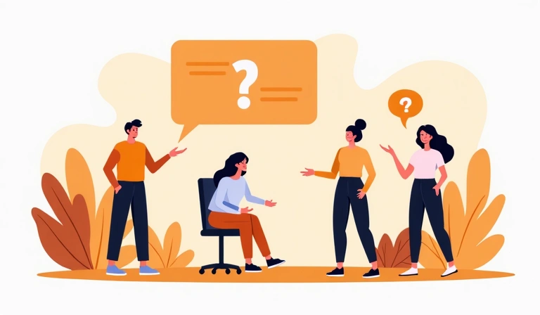 Personas conversando y un signo de interrogación, representando preguntas frecuentes