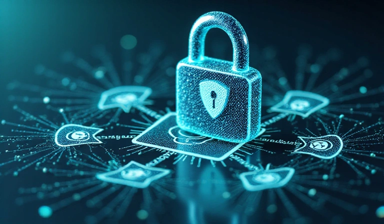 Ilustración de seguridad de datos con un candado digital y escudos protectores