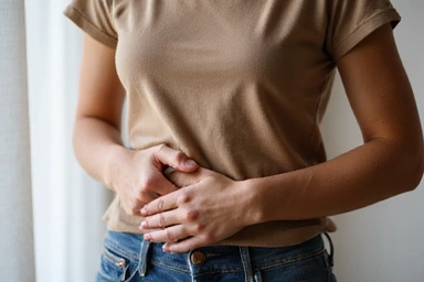 Mujer sosteniendo su abdomen, simbolizando la mejora de la digestión